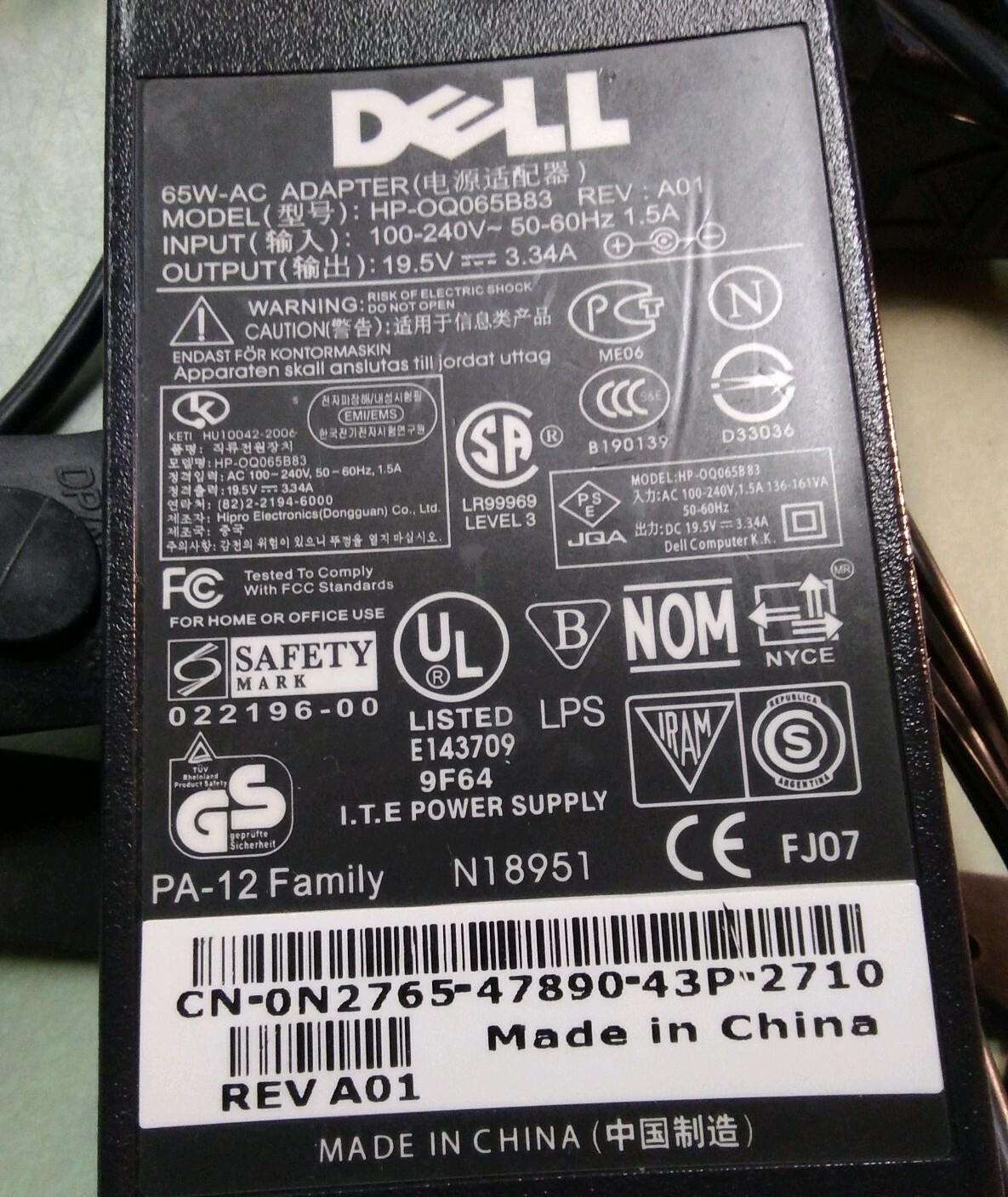 AC ADAPTER POWER SUPPLY CHARGER FOR Dell HP-0Q065B83 REV A01 0N2765 LAPTOP