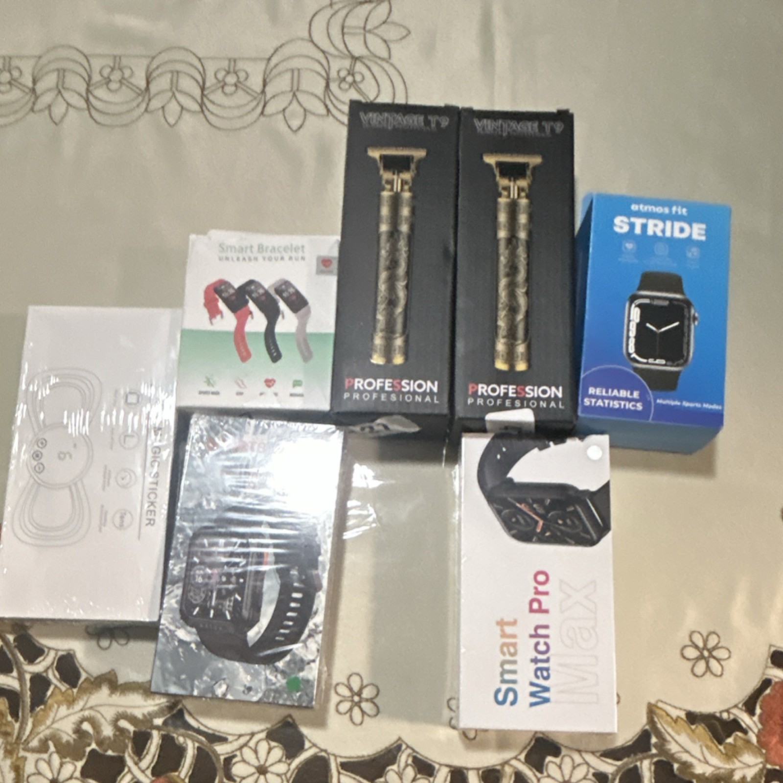 Atmos Fit Stride Smart Watch, Bracelet, Hair Trimmer, Mini Magic Sticker Lot