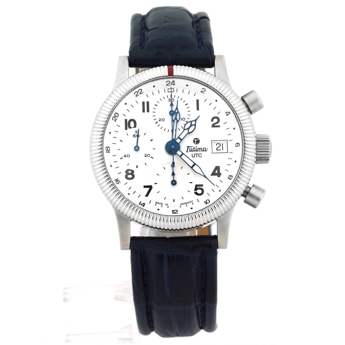 Tutima Flieger Chronograph 780-73 Automatic Mens Watch White Dial Leather Belt