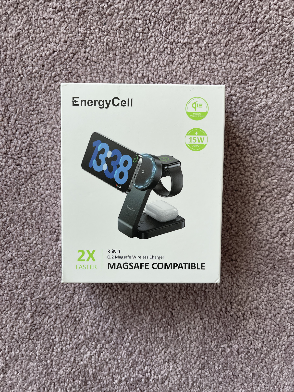 EnergyCell 3-in-1 Charging Station, Qi2 Wireless Charging Station, Black.