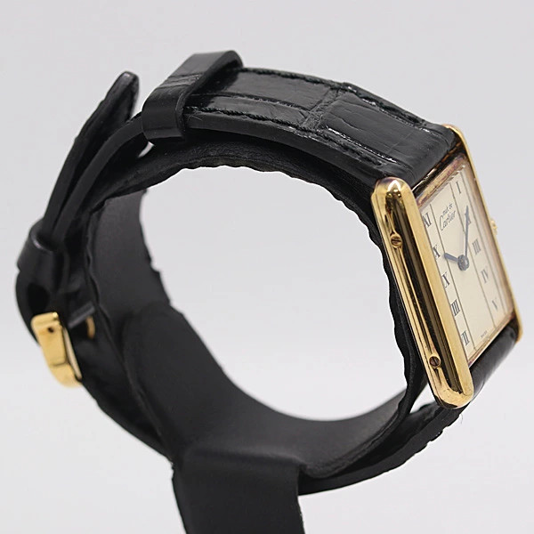 Cartier Must Tank 590005 SV925 Quartz Ladies Watch Square Dial Black Band Auth