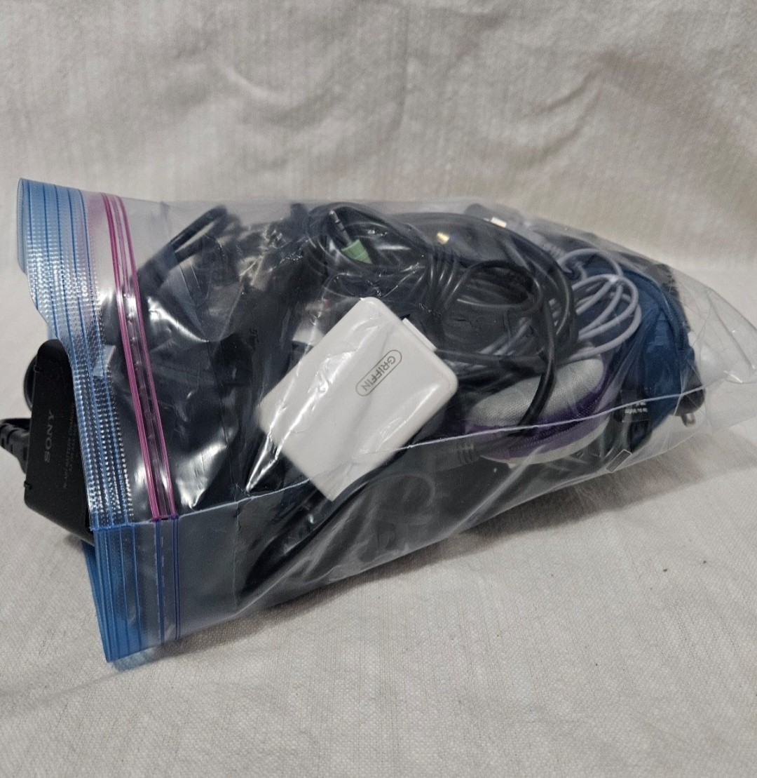 Lot of Charging Cords, Wall Plug Boxes, Corded Earbuds, Power Adapters, etc.