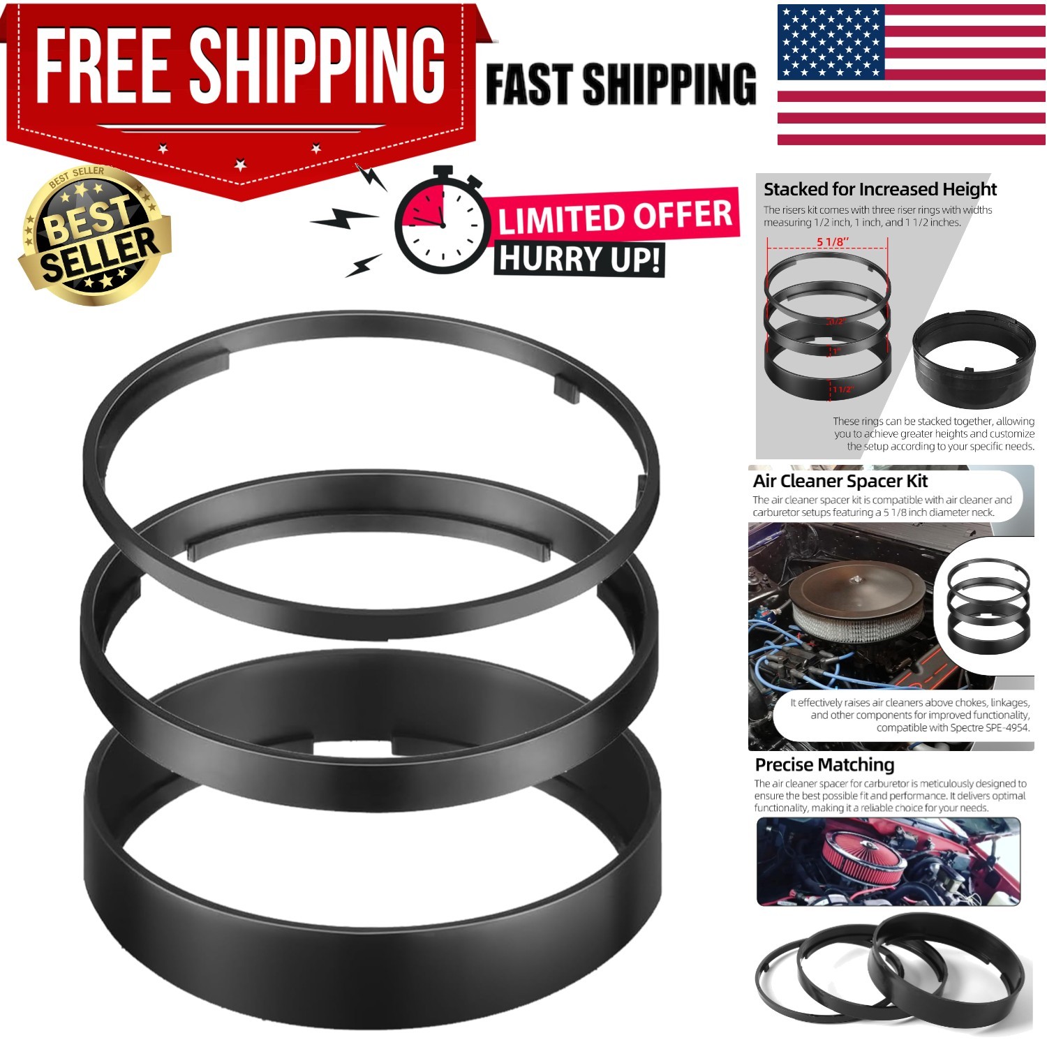 (3-pack) Air Cleaner Spacer for Carburetor,Air Cleaner Risers Kit, Air Filter