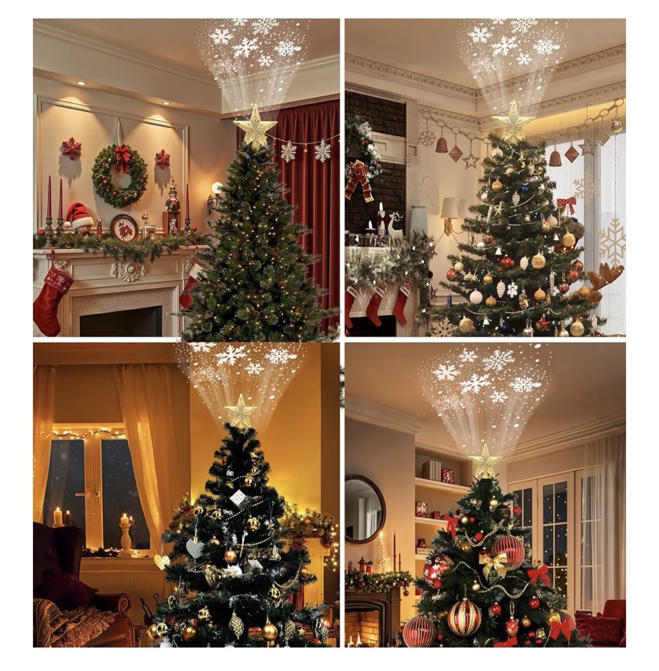 Christmas Star Tree Topper with Built-in Led Snowflake Projector Lights Hollowed