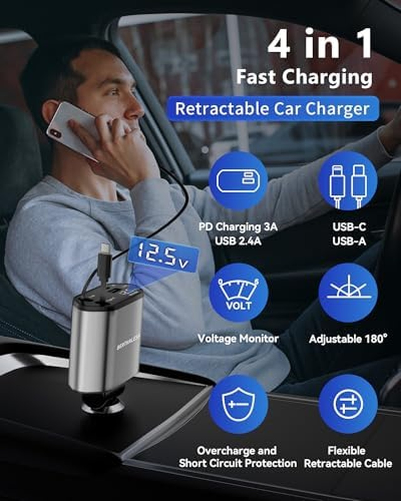 BERTHALESS Retractable 4-in-1 Fast Car Charger USB-C USB-A for iPhone Galaxy