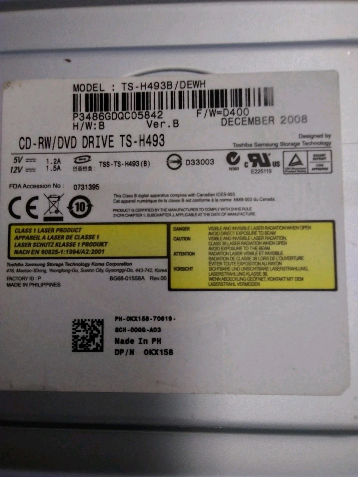 Toshiba Samsung CD-RW/DVD Drive TS-H493B/DEWH TS-H493
