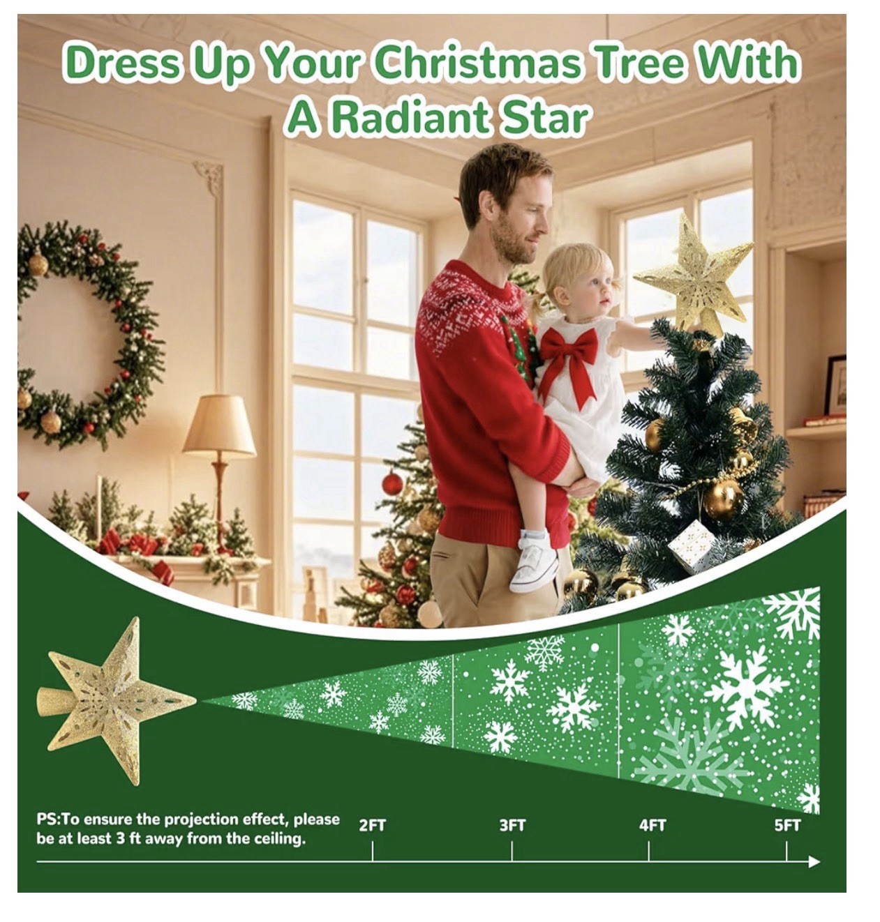 Christmas Star Tree Topper with Built-in Led Snowflake Projector Lights Hollowed