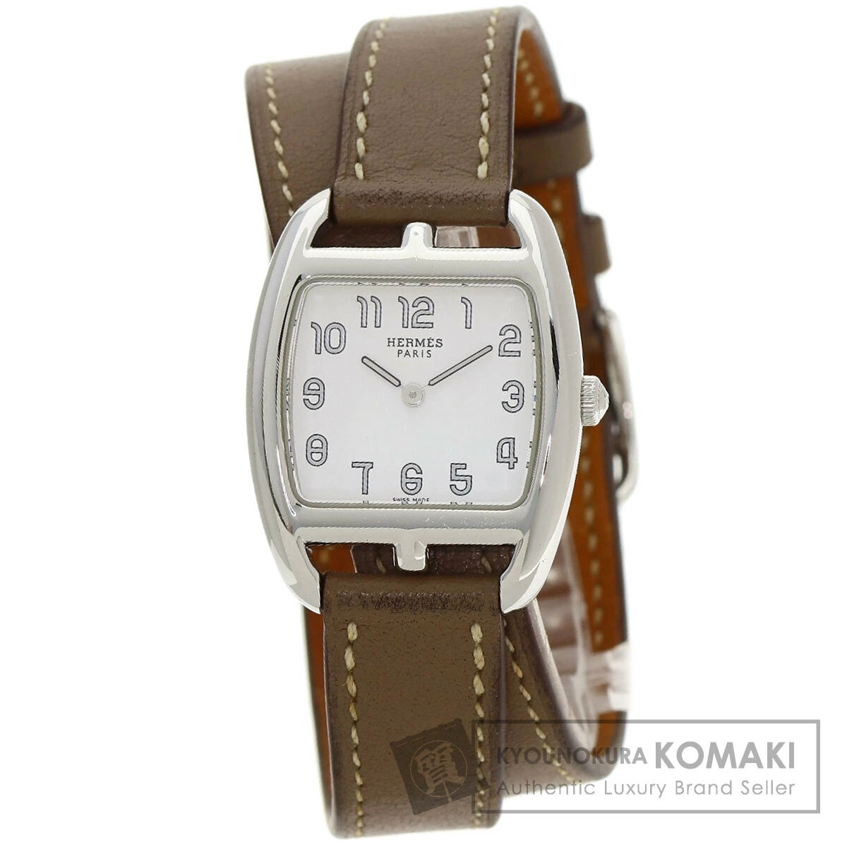 HERMES Cape Cod Watch Double Tour SS Leather Etoupe Quartz Square Woman w/Papers