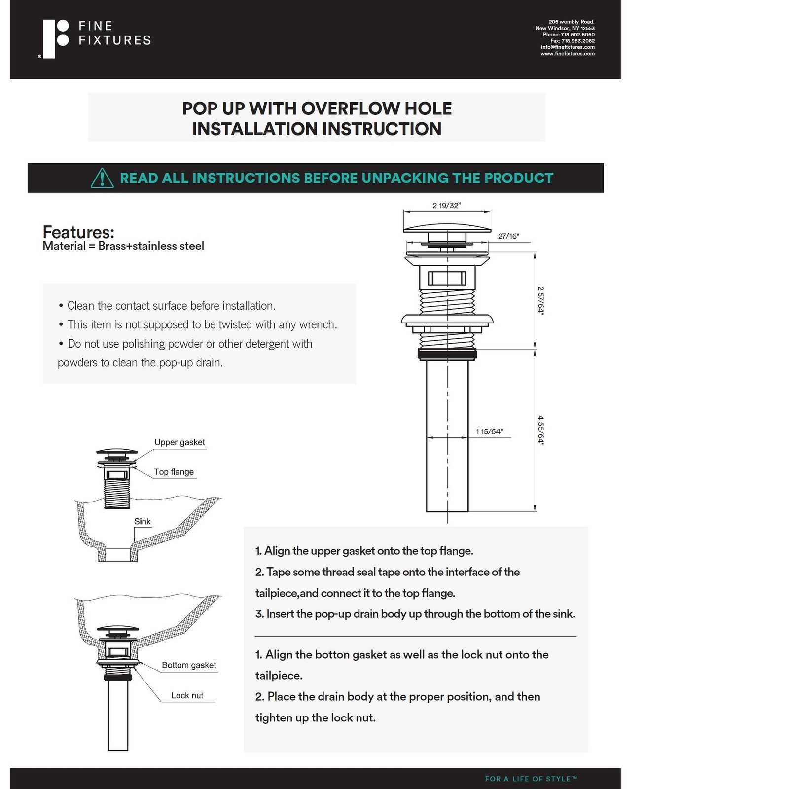 Fine Fixtures Pop-Up Bathroom Sink Drain