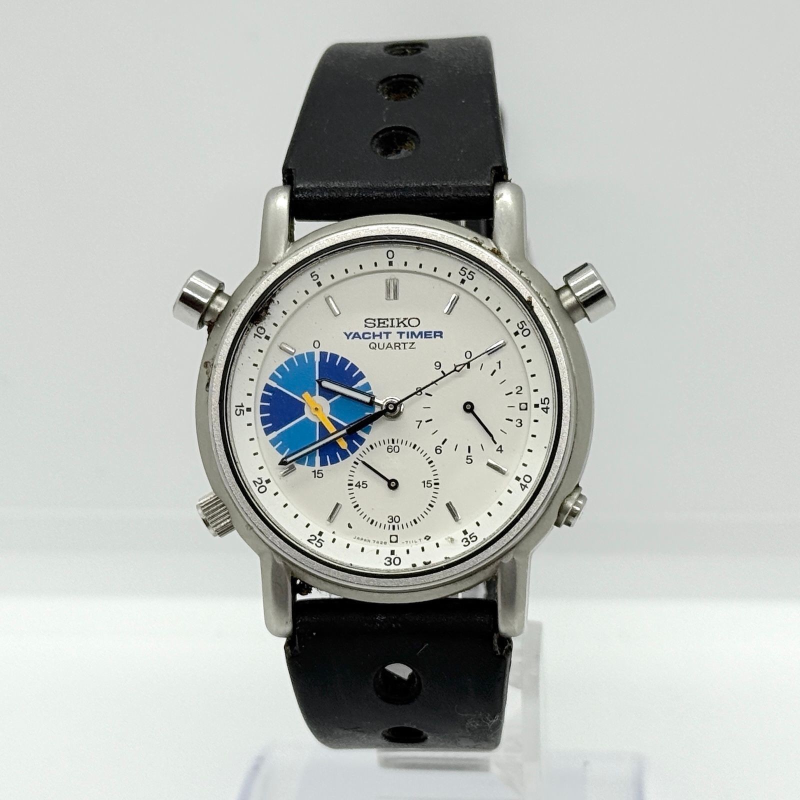 SEIKO Watch Yacht Timer 7A28-7090 351142 White Quartz Leather Men’s Auth Rare