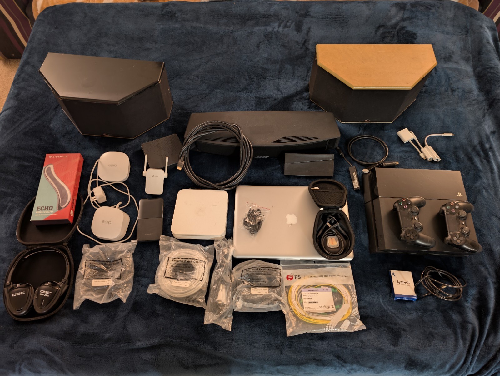 Ps4, Eero Routes, Speakers, Apple Laptop, Headsets, Cables , Etc…