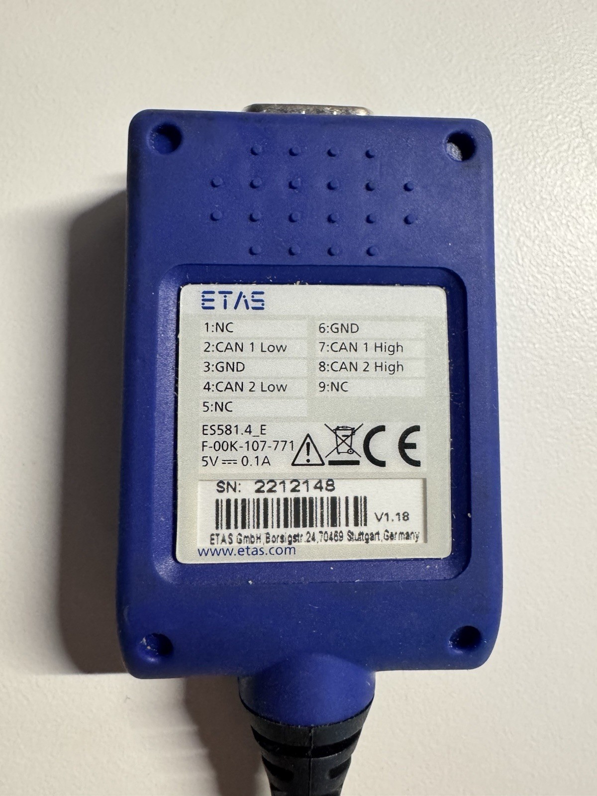 1pc ETAS ES581 ES5814 F00K107771 USB adapterINCA 72 Software CAN XCPCCP G2U