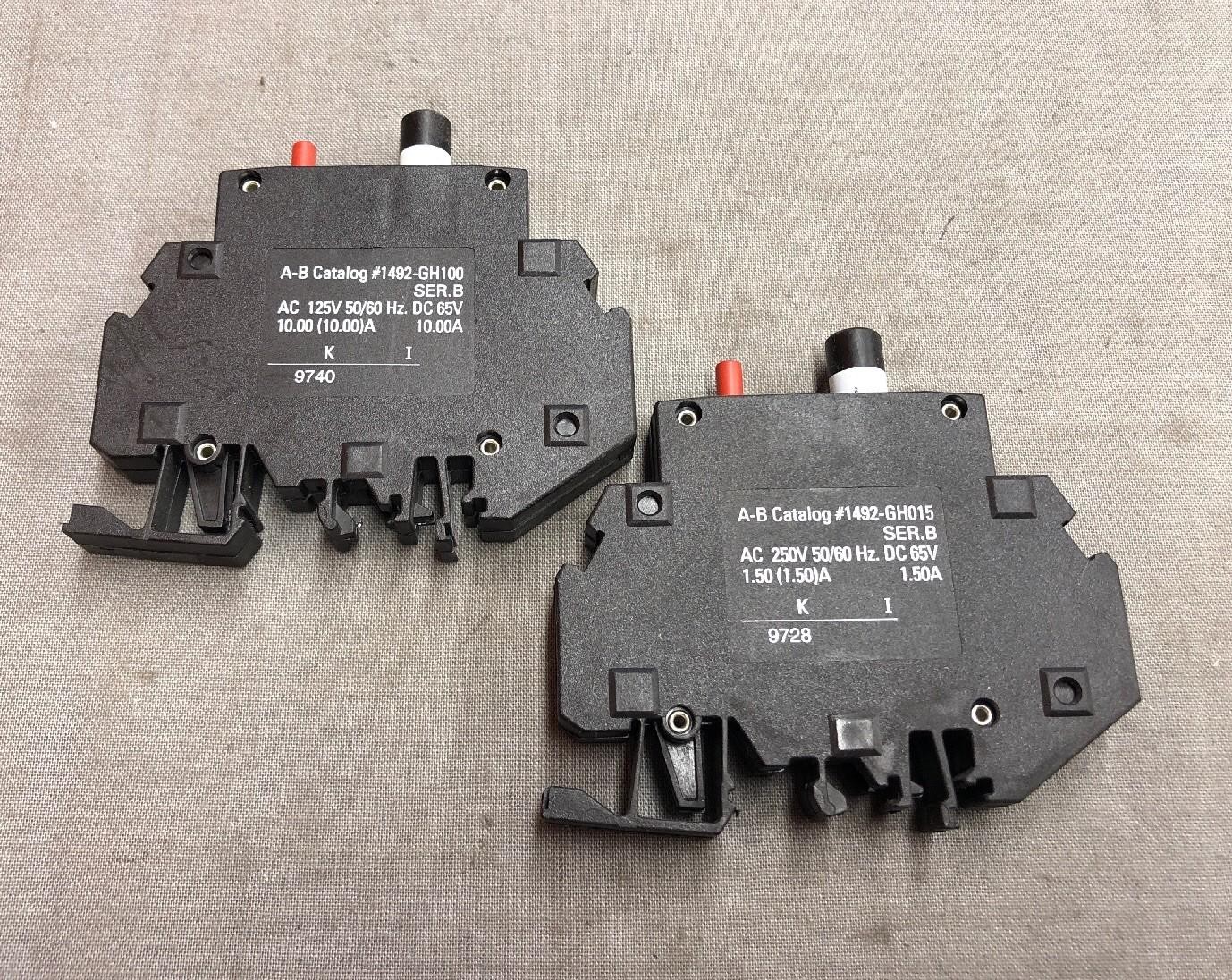 LOT OF 2 MIXED ALLEN BRADLEY CIRCUIT BREAKERS 1492-GH100 125V 1492-GH015 250V