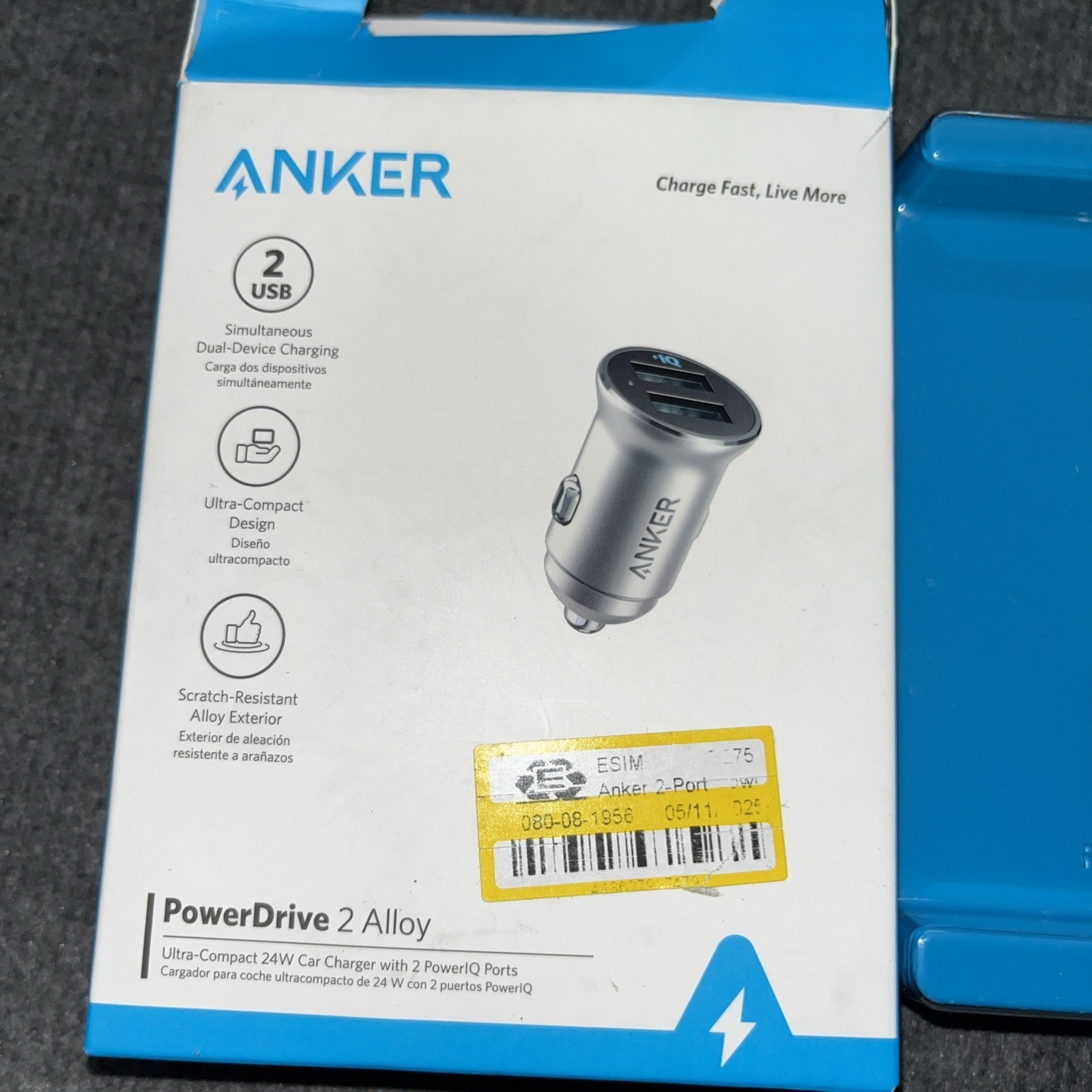 Anker 76625608 PowerDrive 2 Alloy Car Charger, 24W, With 2 PowerIQ Ports Silver