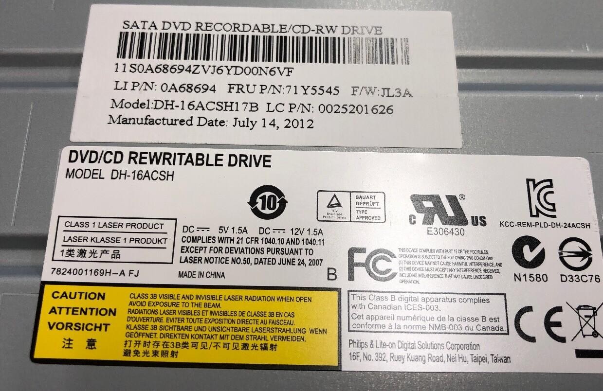 PHILIPS LITE-ON DVD CD REWRITABLE DH-16ACSH17B 0A68694 71Y5545 0025201626