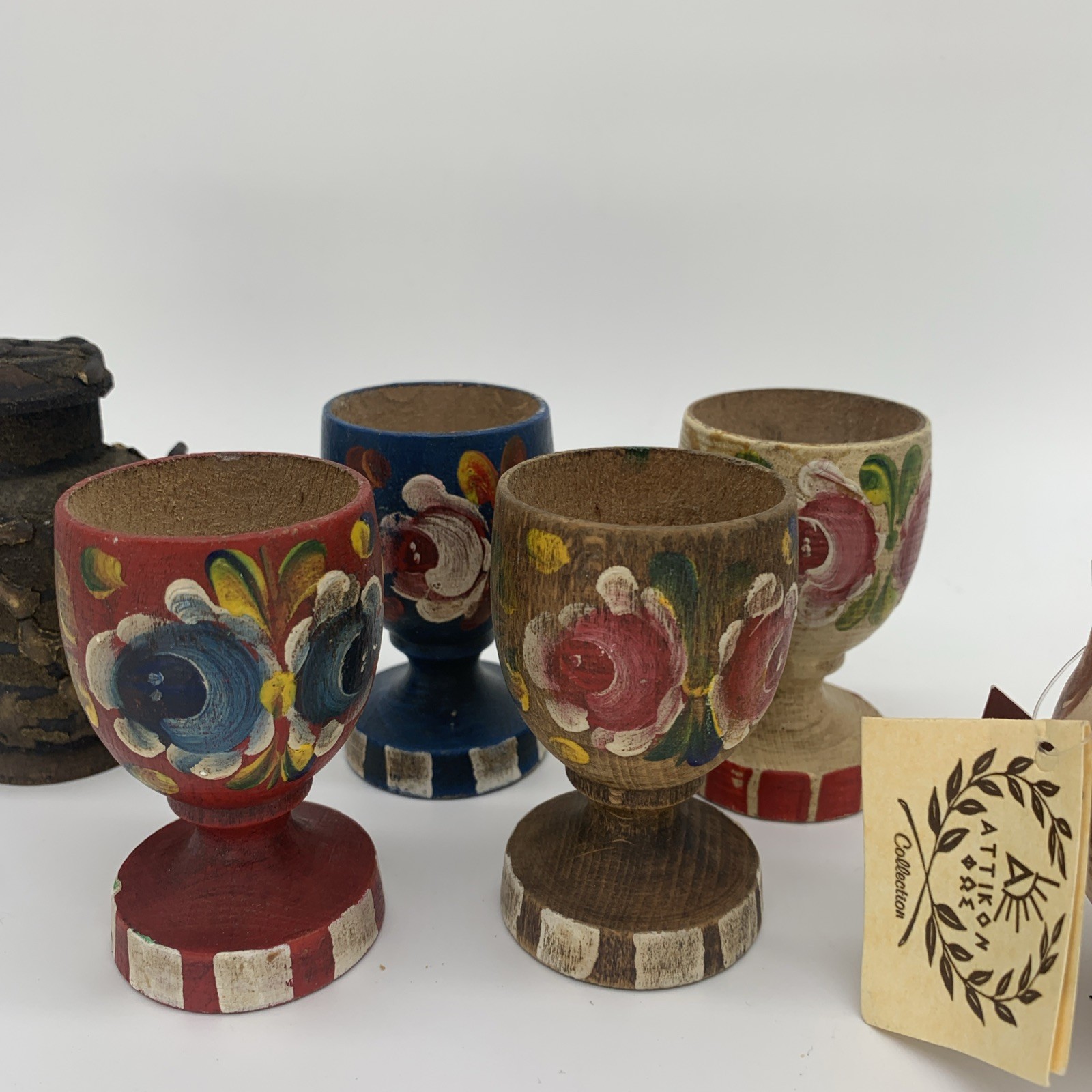 Miscellaneous Lot Collection 4 Wooden Egg Cups, Ceramic Vase, Mini Wood Vessel