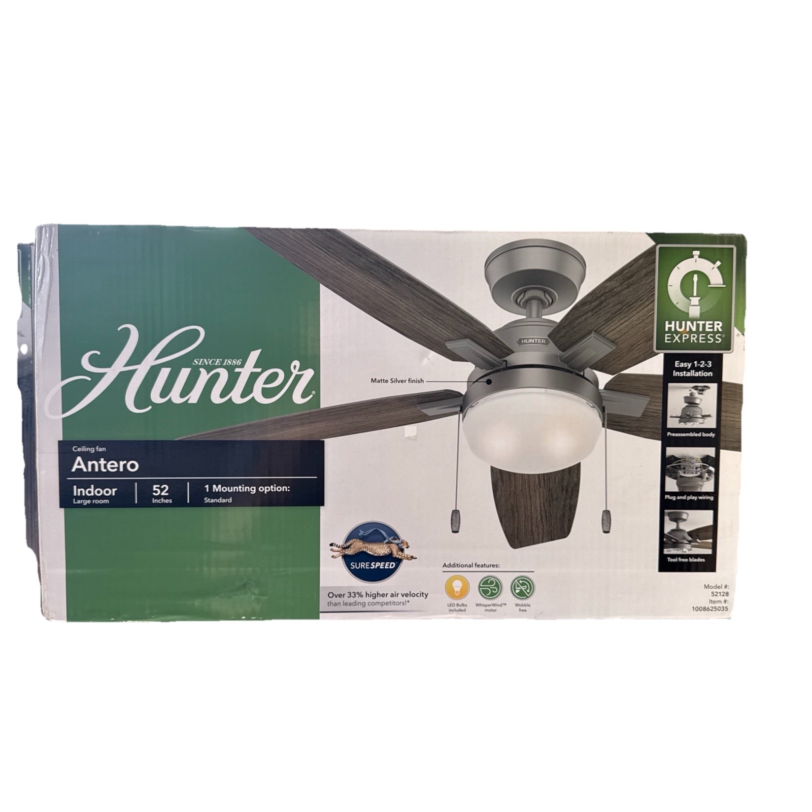 Hunter Antero 52 INCH . Indoor Matte Silver Ceiling Fan with Light Kit NEW