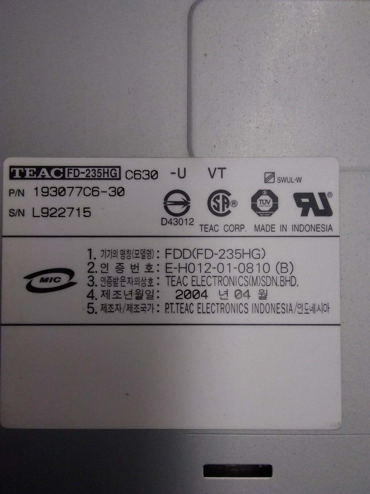 Teac FD-235HG 1.44Mb 3.5-Inch Internal Floppy Drive 193077C6-30 REV A00