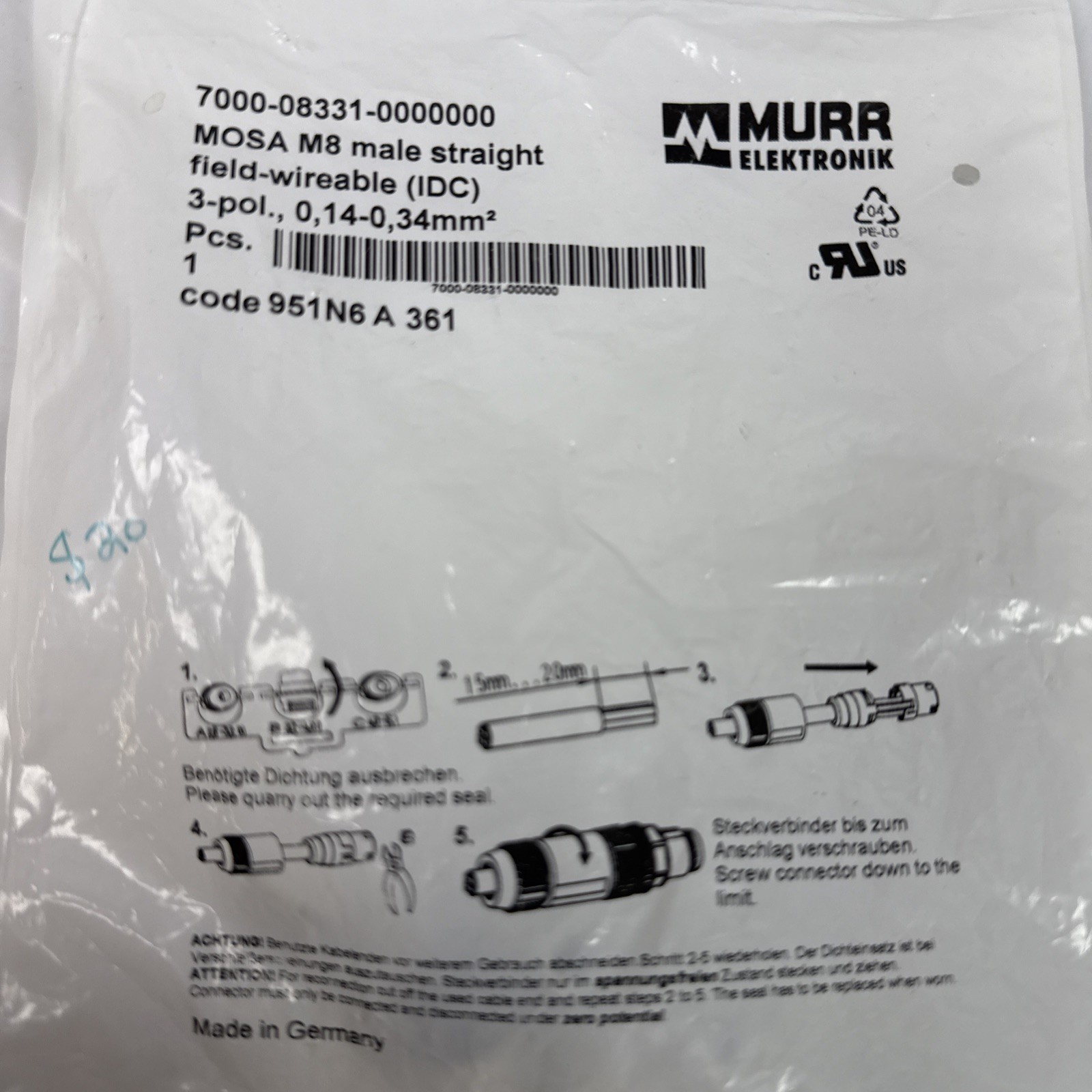 MURR 7000-08371-0000000 M8 FEMALE ST FIELD WIREABLE 3 PIN – NEW IN ORIG. BAG