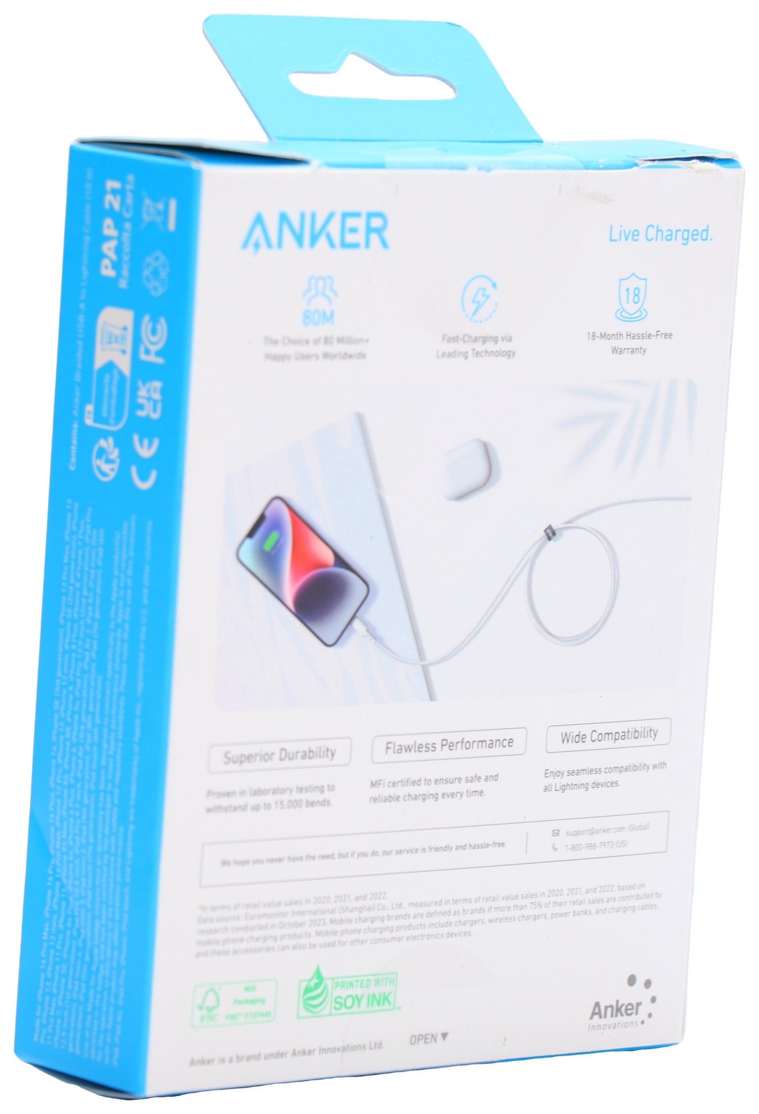 Anker 3ft’ Braided Lightnin to USB-A Charging 3x Faster,￼Cable – White