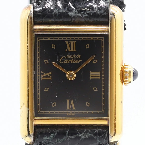Cartier Must Tank 5057001 Quartz Black Dial Ladies Watch Square Accessary Auth