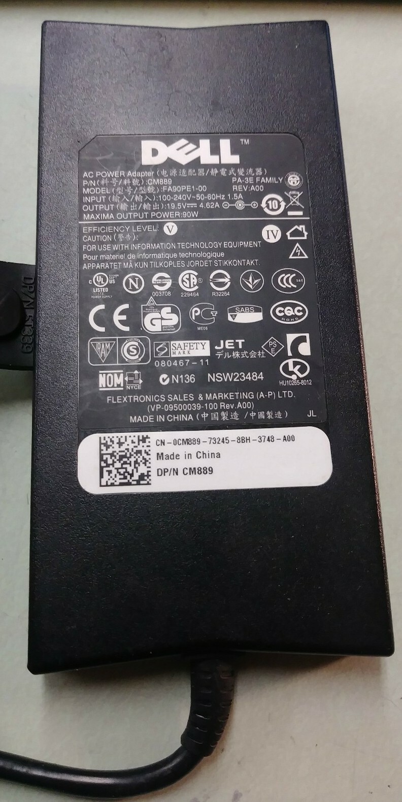 Dell Inspiron 90W 19.5V 4.62A AC Adapter Power CM889 FA90PE1-00 REV A00