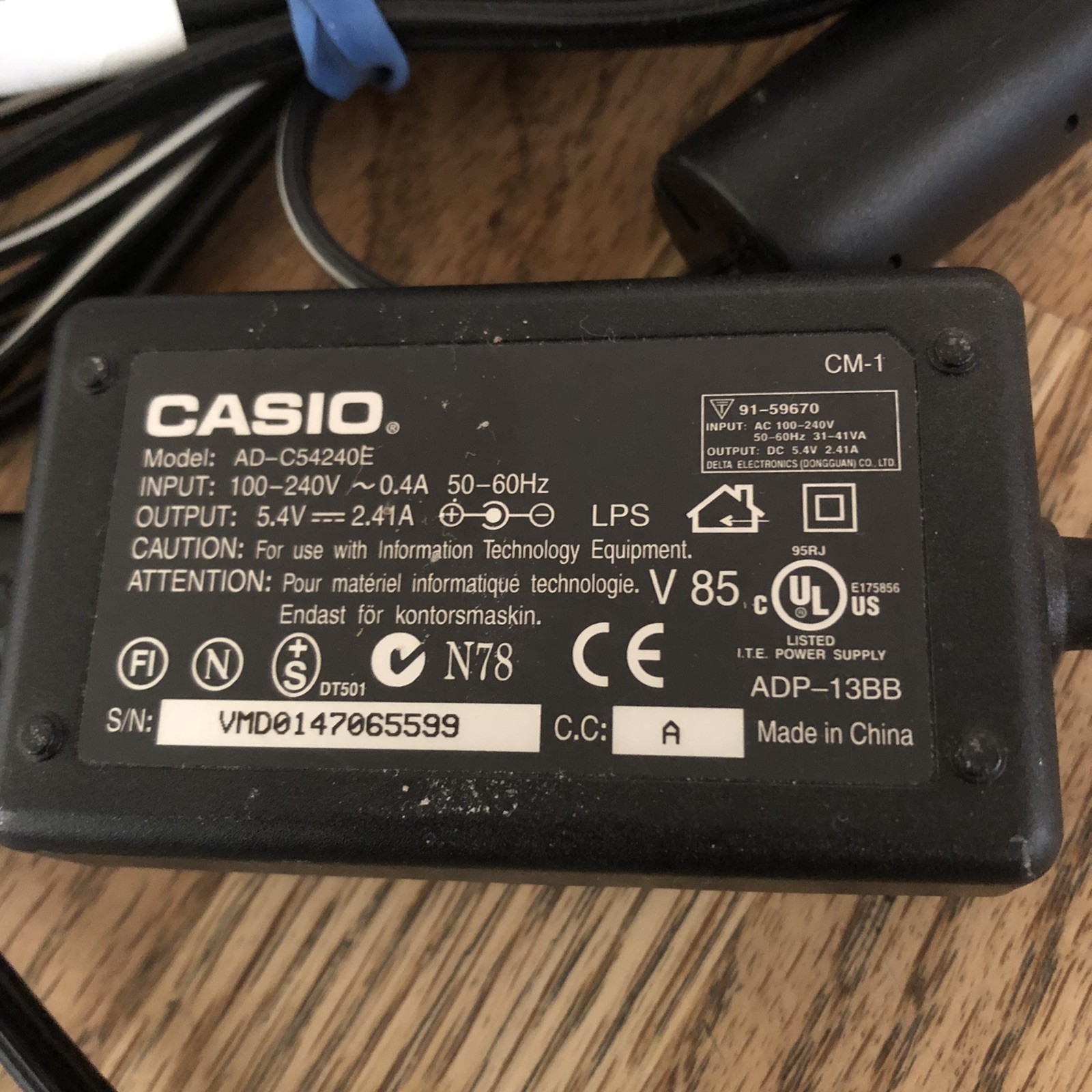 Casio Adapter, 12 Ft, Model AD-C54240E, Input 100-240v, Output 5.4V, Black