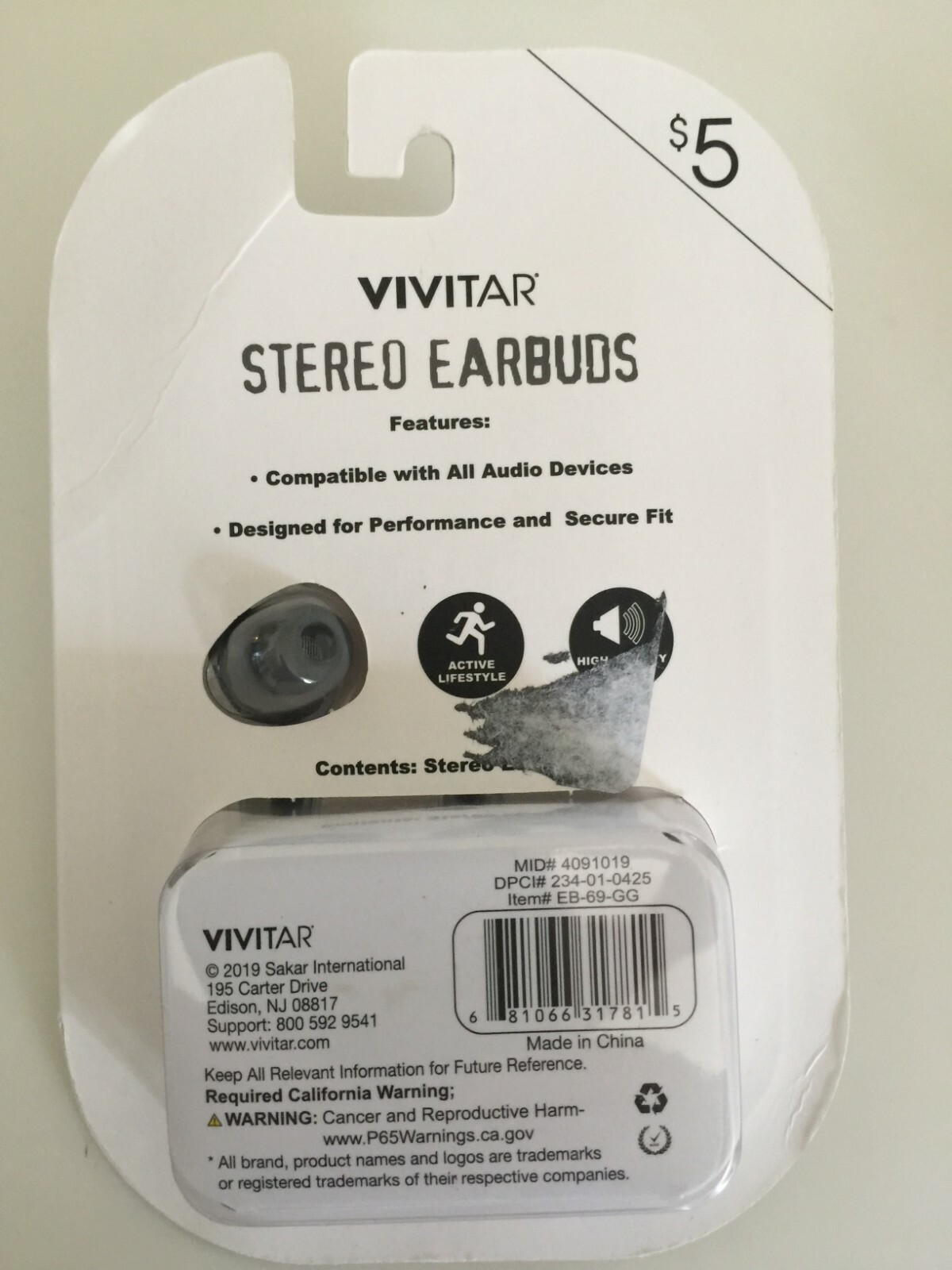 Vivitar Stereo Earbuds 4091019 NEW