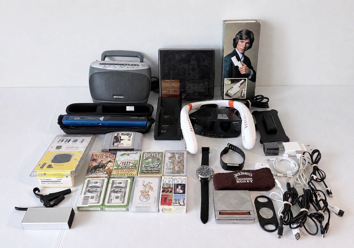 Junk Drawer Lot Electronics Cables Watch Scanner Radio Playing Cards Parts