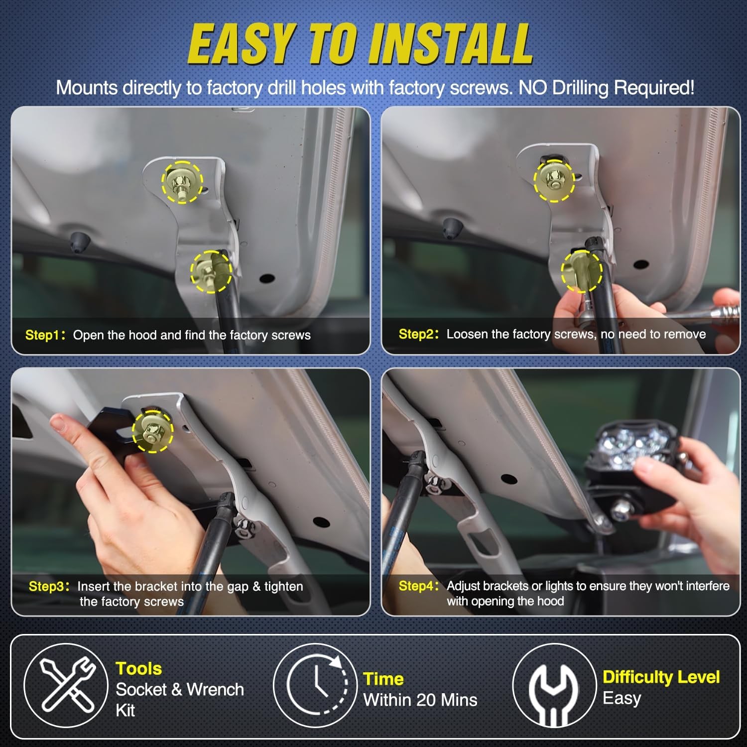 Nilight Ditch Light Brackets Hood Hinges Mount Bracket Kit for Auxiliary Offroad