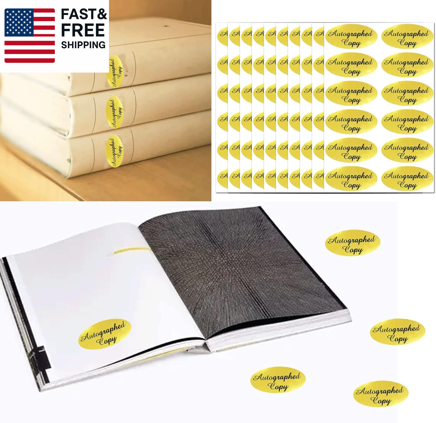 1008 PCS ‘Autographed Copy’ Stickers-1 X 2Inch Oval Gold Foil Labels Gold Foil
