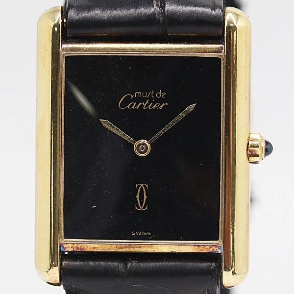 Cartier Must Tank 23051 Quartz SV925 Black Dial Ladies Watch Square Accessary