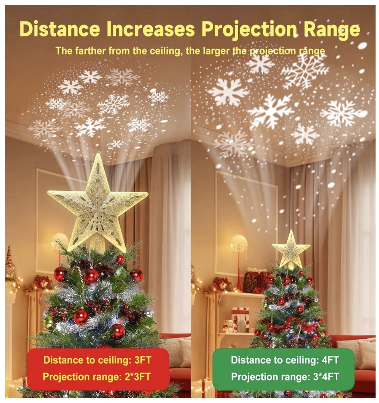Christmas Star Tree Topper with Built-in Led Snowflake Projector Lights Hollowed