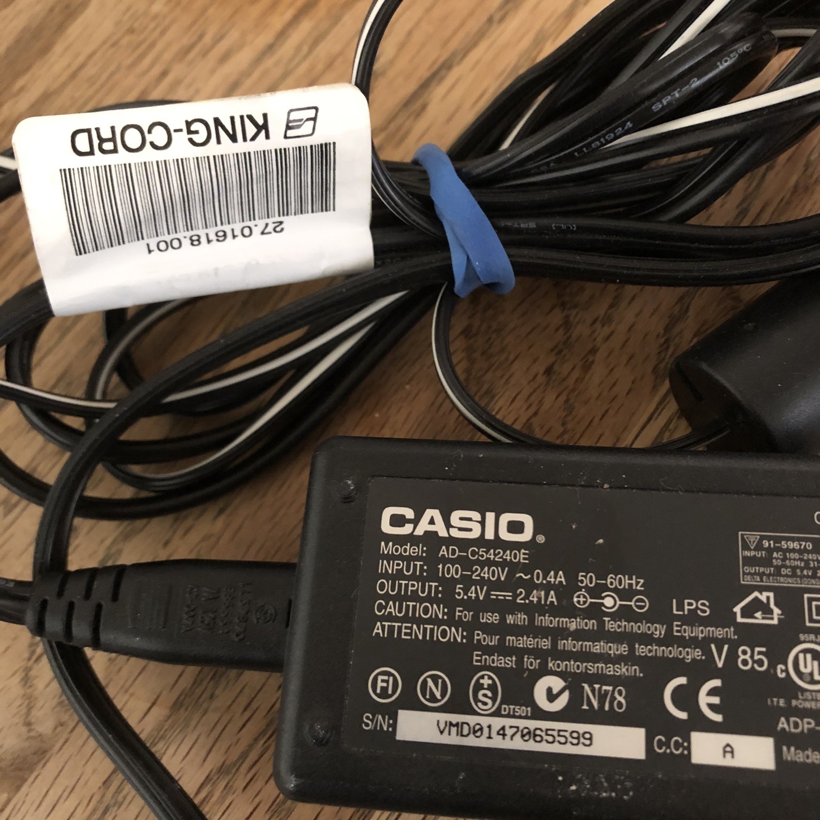 Casio Adapter, 12 Ft, Model AD-C54240E, Input 100-240v, Output 5.4V, Black