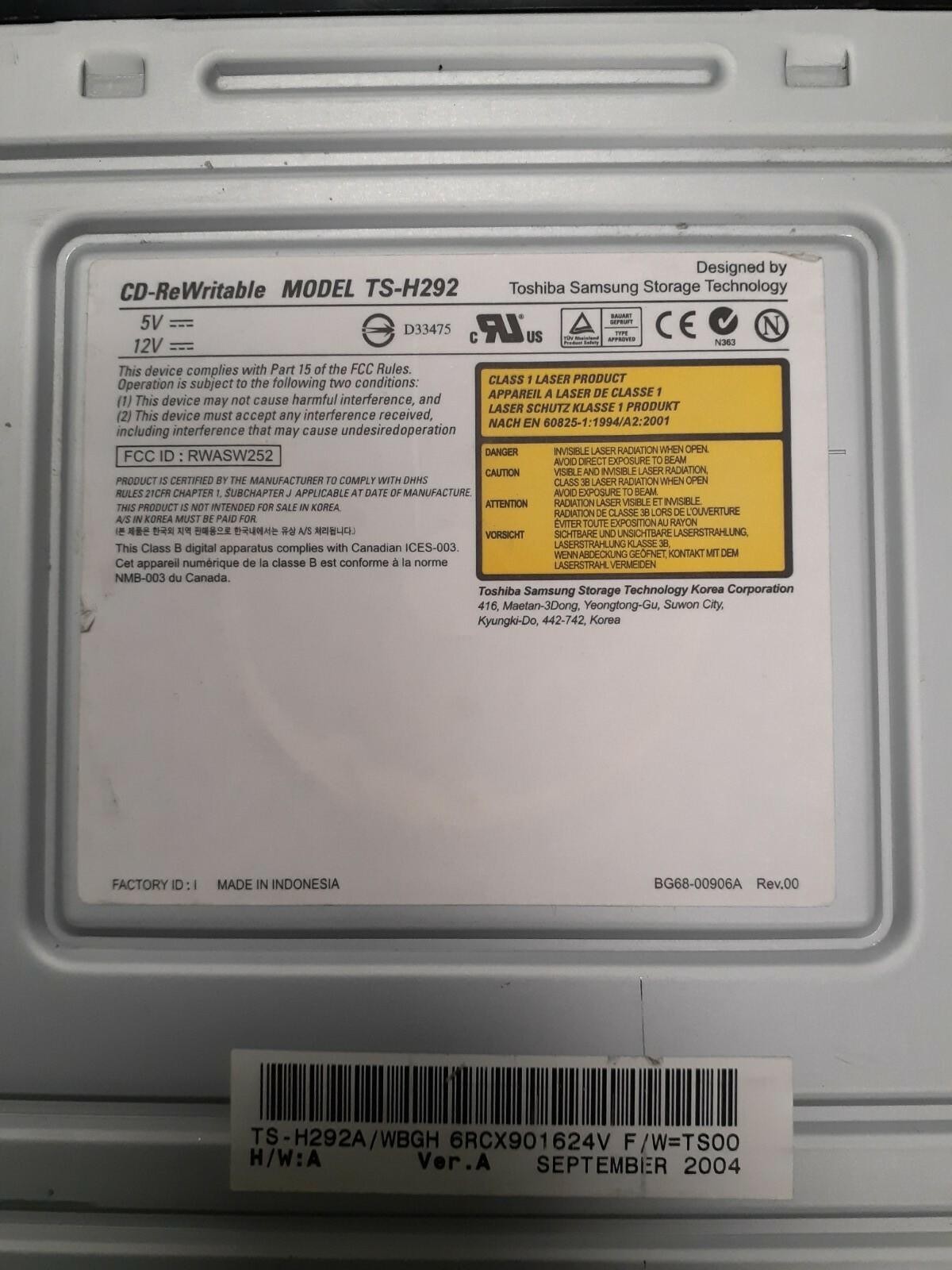 TOSHIBA SAMSUNG CD-RW/DVD Drive TS-H292A/WBGH VER A