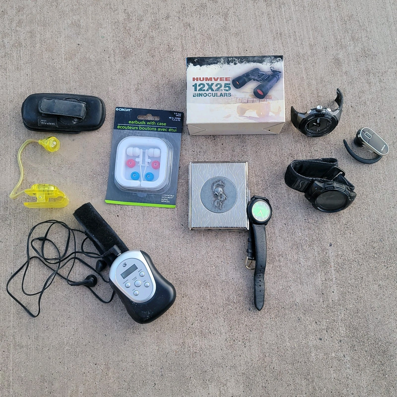Electronics Lot Watches Binoculars Bluetooth Earbuds Walkman Hologram Skull LOOK