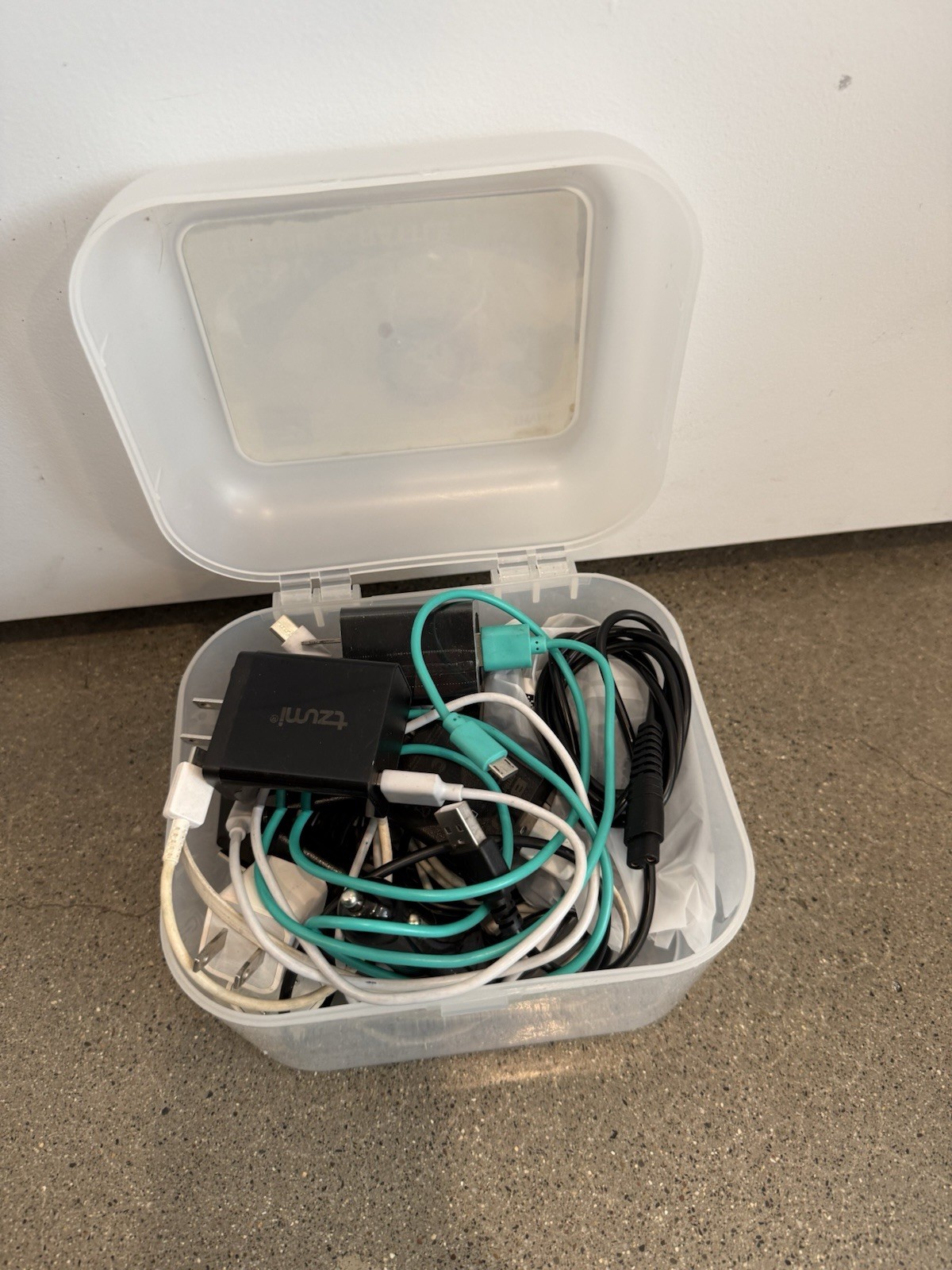 TUMI Mixed Lot Chargers, Cables & Wall Adapters w/ Storage Box