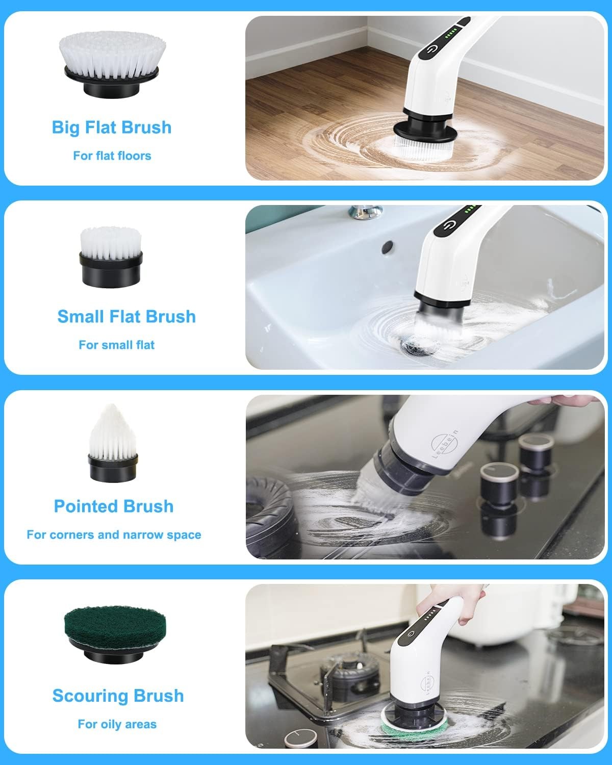 Leebein Electric Spin Scrubber, Cordless, 8 Heads, Dual Speed, Extendable