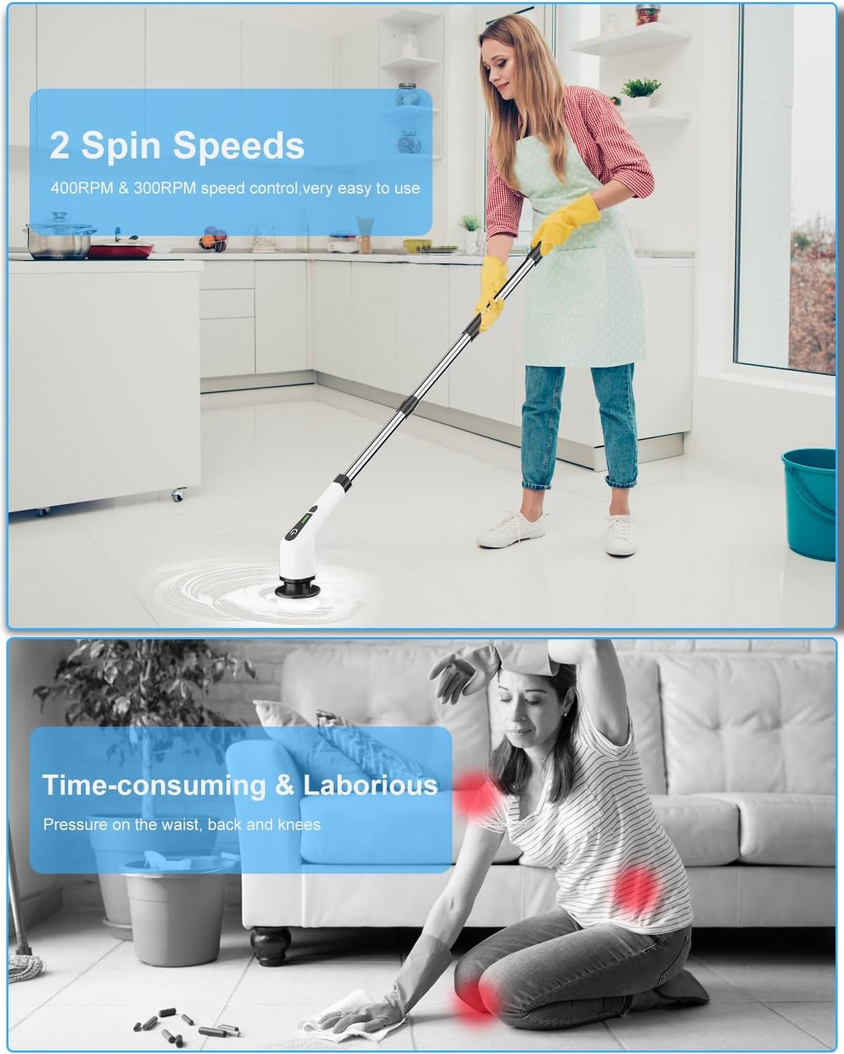 Leebein Electric Spin Scrubber, Cordless, 8 Heads, Dual Speed, Extendable