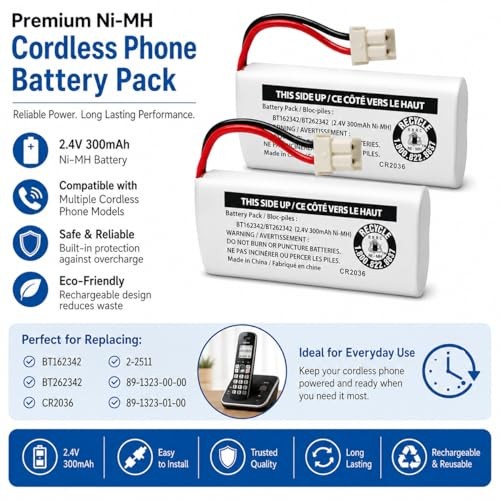 2-Pack 2.4V Ni-MH Battery for VTech Cordless Phone BT162342 BT262342 Replacement