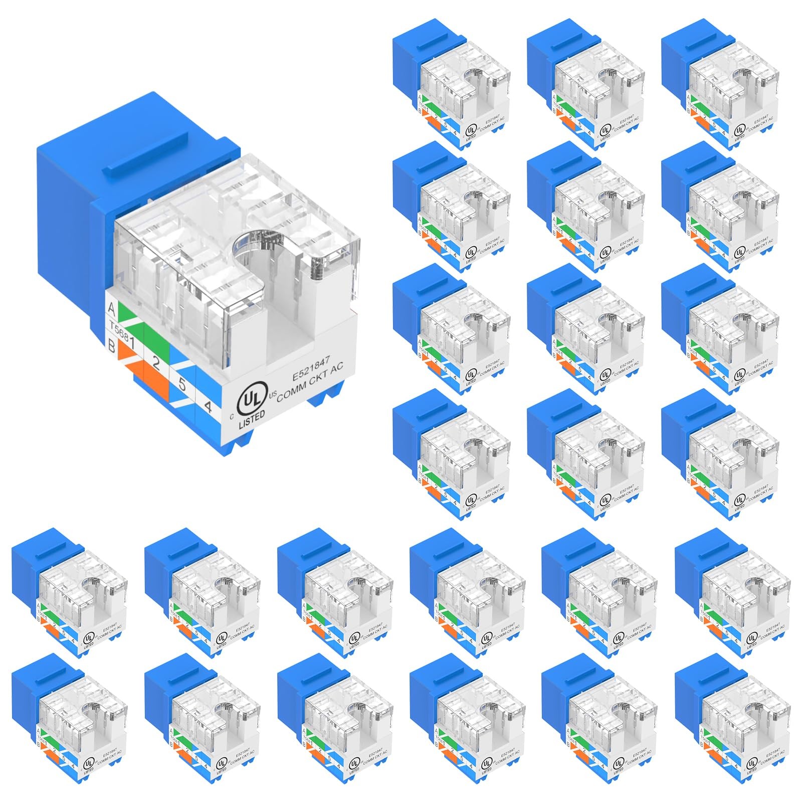 VCE 25-Pack Cat6 Keystone Jack RJ45 Ethernet Network Adapter 90 Degree Blue Slim