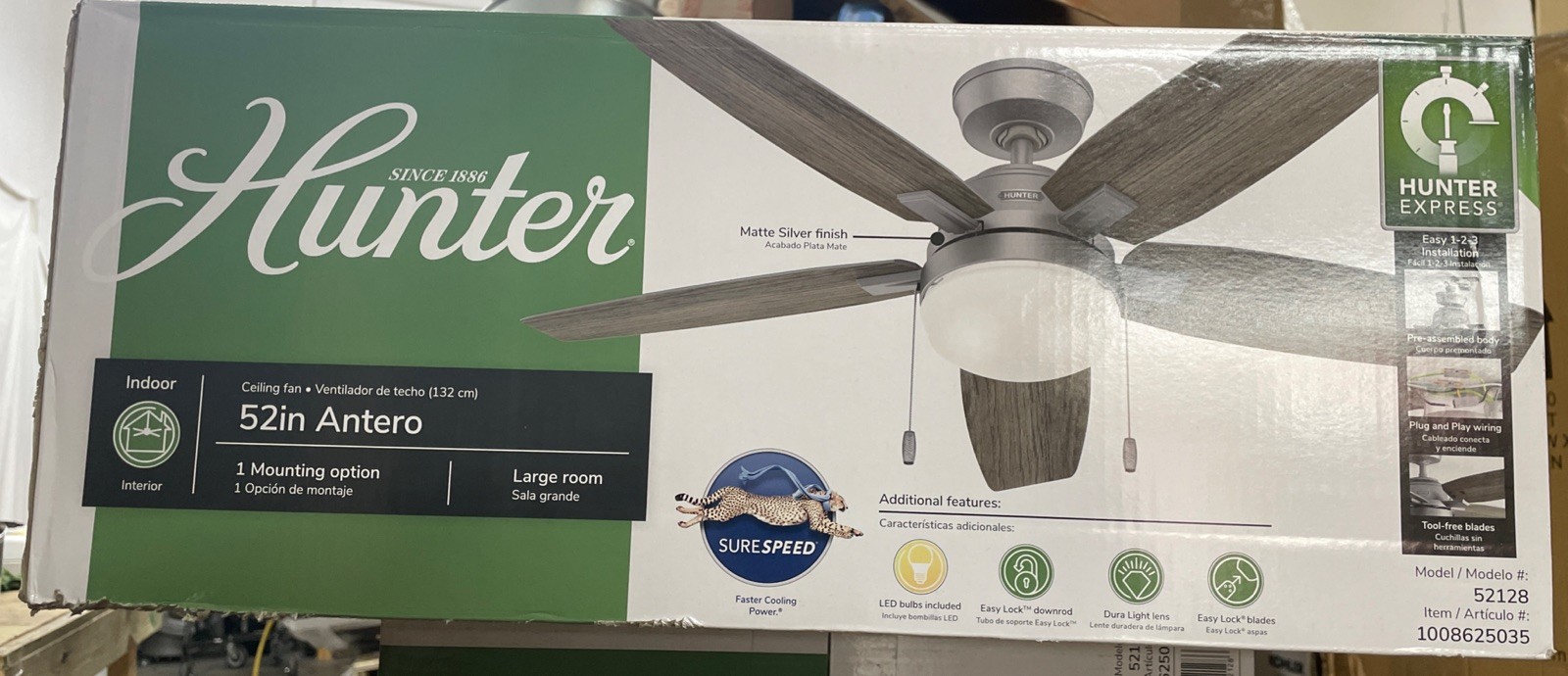 Hunter Antero 52 INCH . Indoor Matte Silver Ceiling Fan with Light Kit NEW