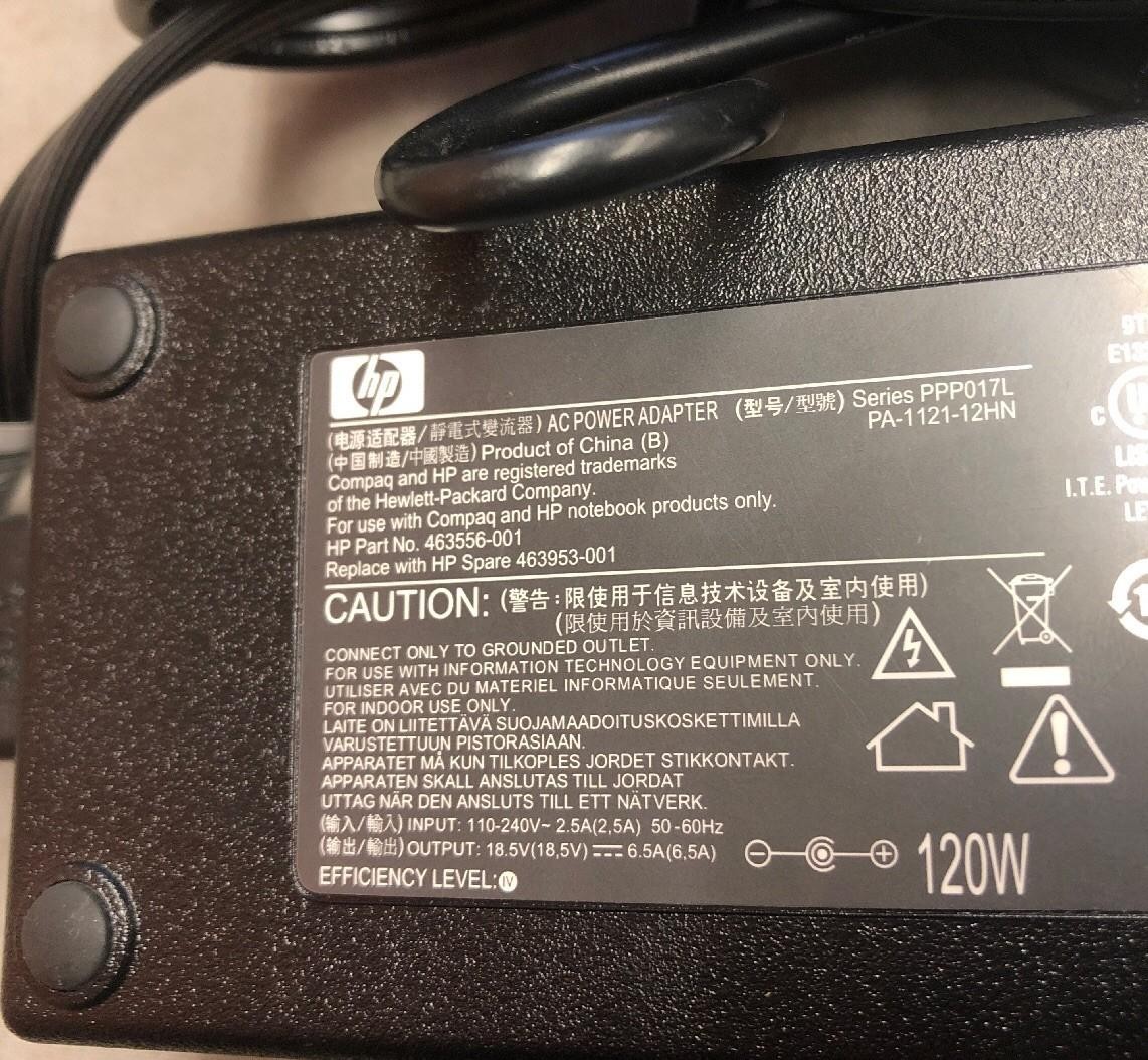 HP LAPTOP 120W AC POWER ADAPTER PPP017L PA-1121-12HN 463953-001 463556-001