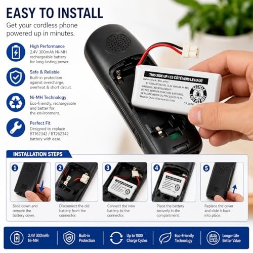 2-Pack 2.4V Ni-MH Battery for VTech Cordless Phone BT162342 BT262342 Replacement