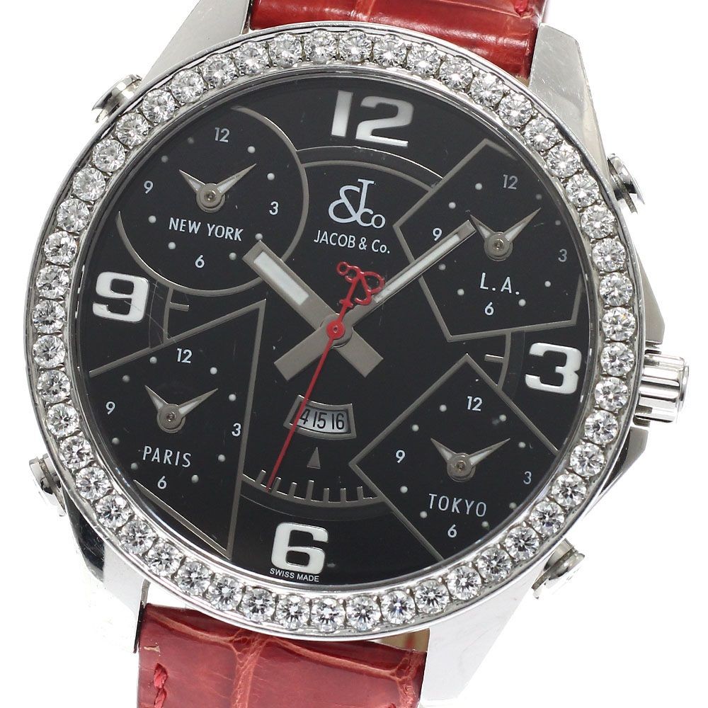 Jacob & Co. 5 Time Zone JC-2D Date Diamond Bezel Quartz Men’s Watch Black