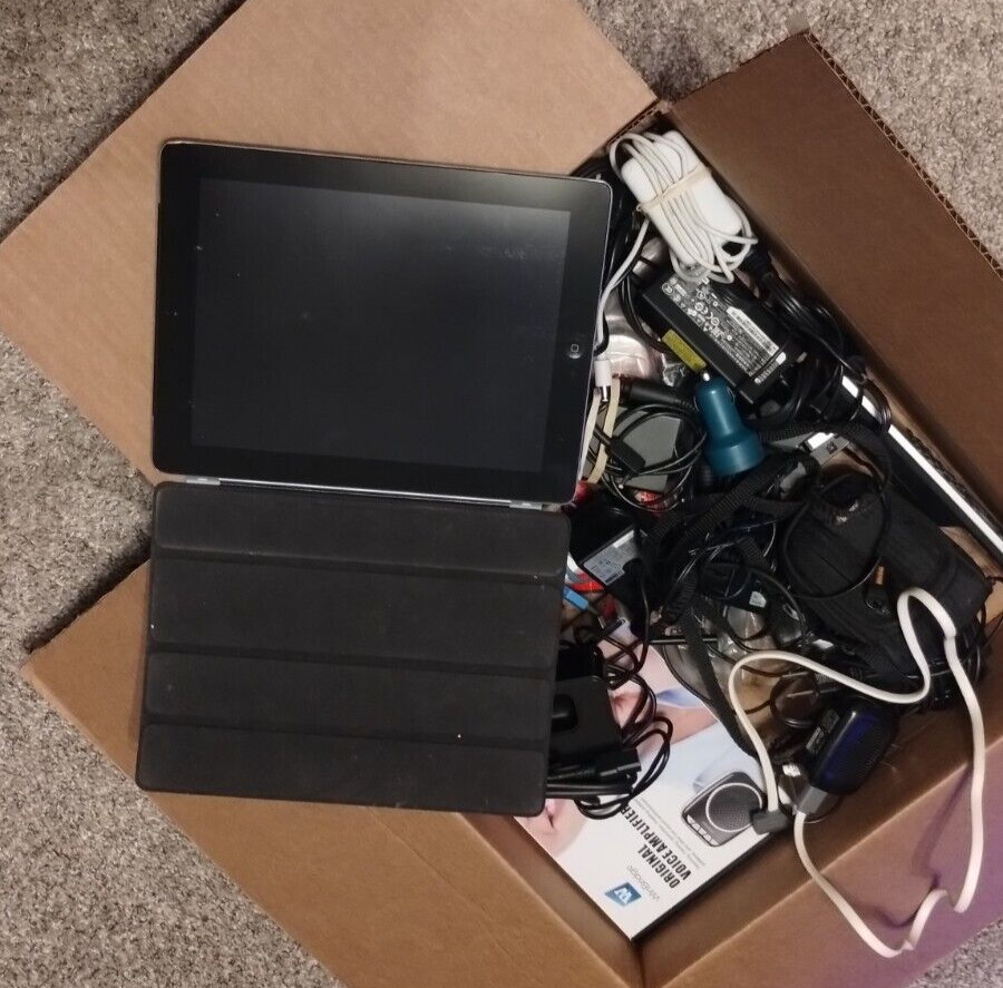 Lot Random Tech Box – Electronics Cables Chargers Cases Power IPad Amplifier etc