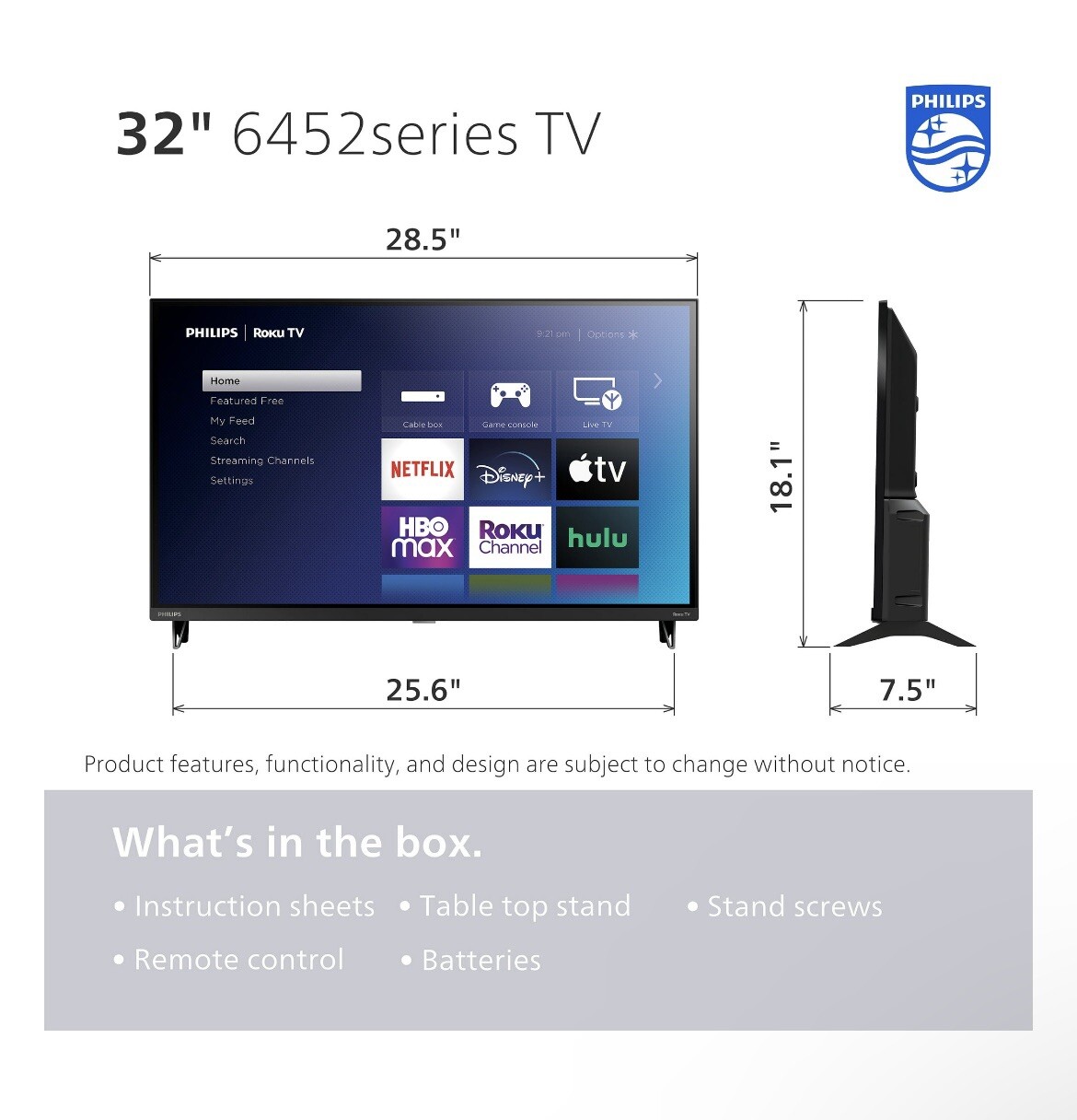 Philips 32″ Class HD (720P) Smart Roku Borderless LED TV (32PFL6452/F7)