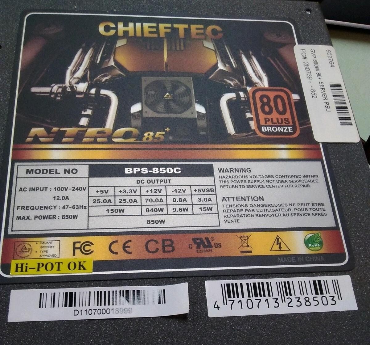 Chieftec NTRO85 850W Power Supply BPS-5850C 100V-240V 47-63Hz