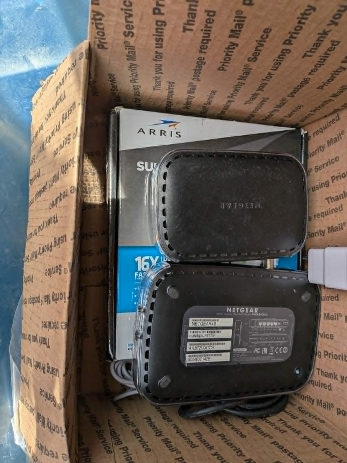 Box of electronics, random-parts only/unchecked lot of electronics. Modems/cable
