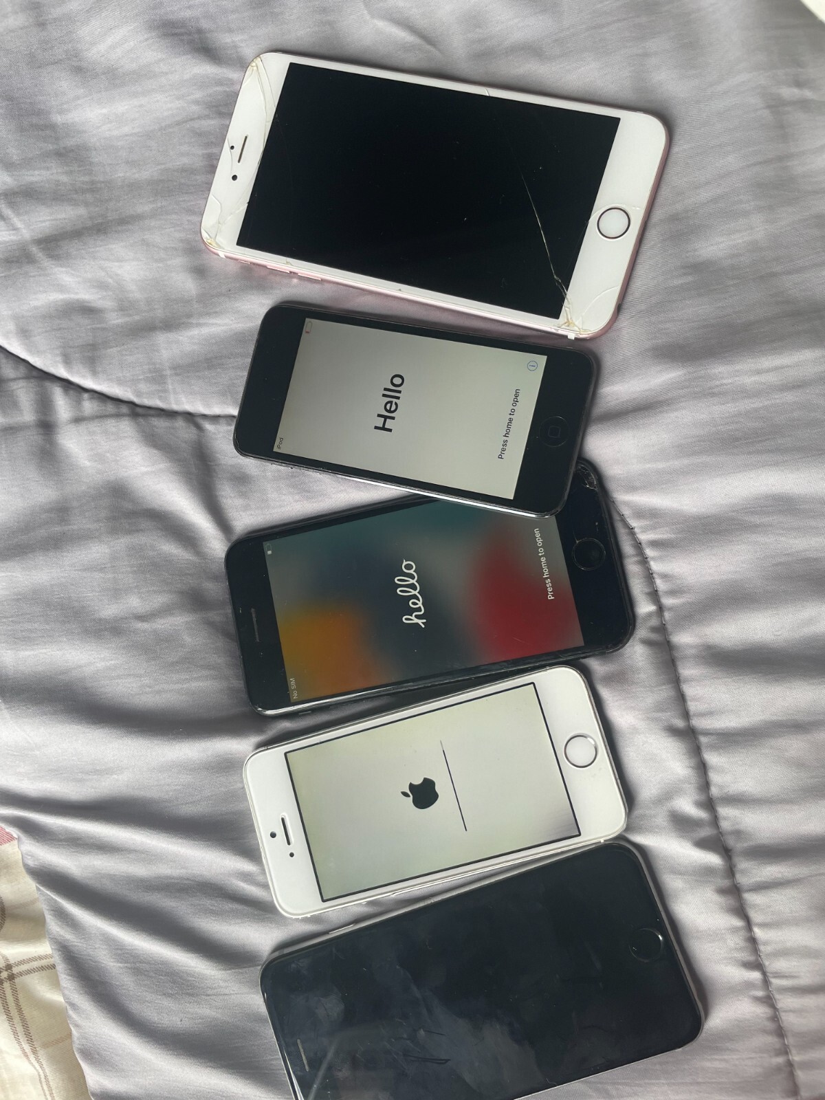 5 Used and Broken Iphones (2 Working, 3 Broken) 